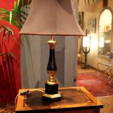 20th Century French Black Enamel Tole and Gilt Bronze Table Lamps with Silk Shade, Set of 2