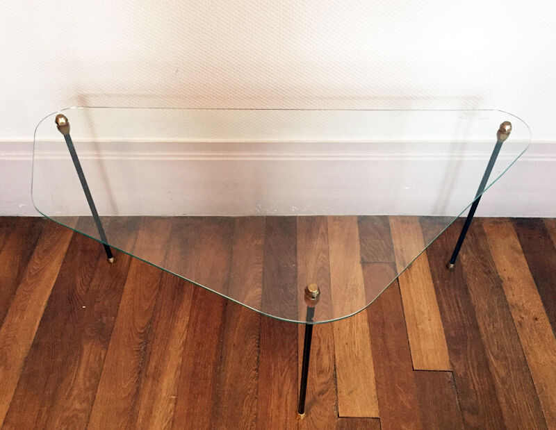 Table basse tripode verre et métal, années 50