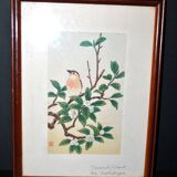 Painting enhanced engraving bird japan signed ashikaga "teaoil plant" 1950