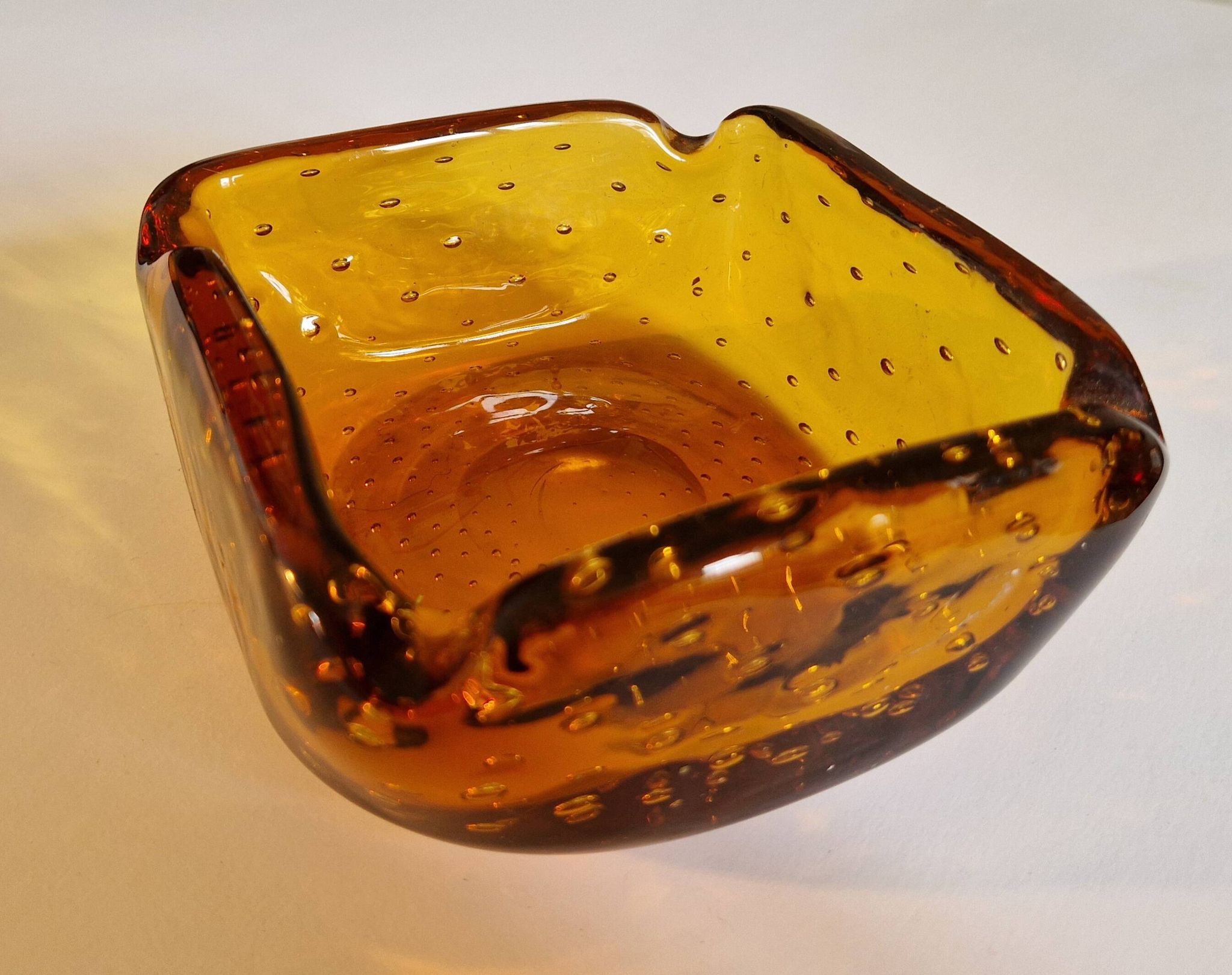 Italian Murano Amber Bubble Glass Ashtray Bowl Circa 1960