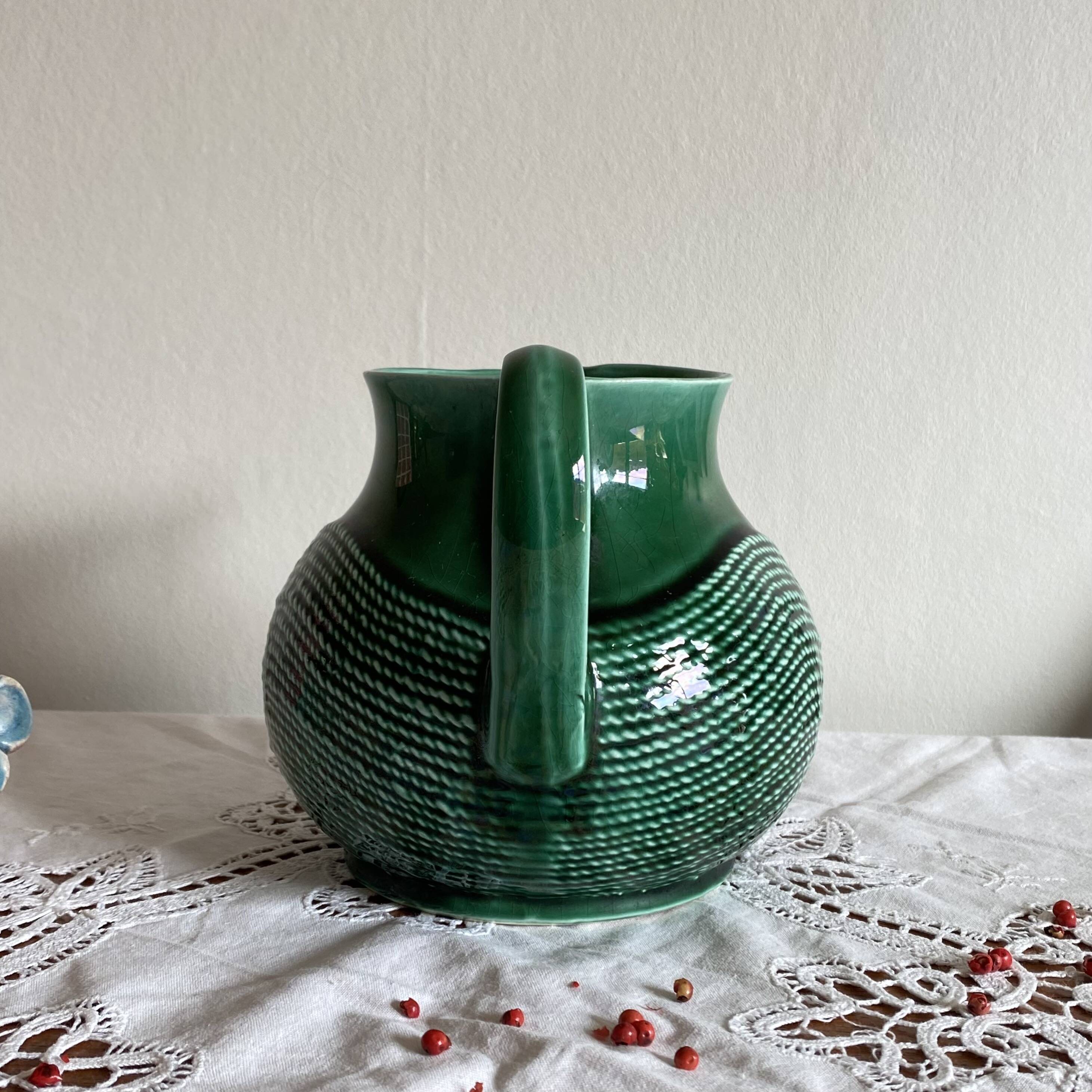 Green ceramic pitcher Sarreguemines vintage tableware