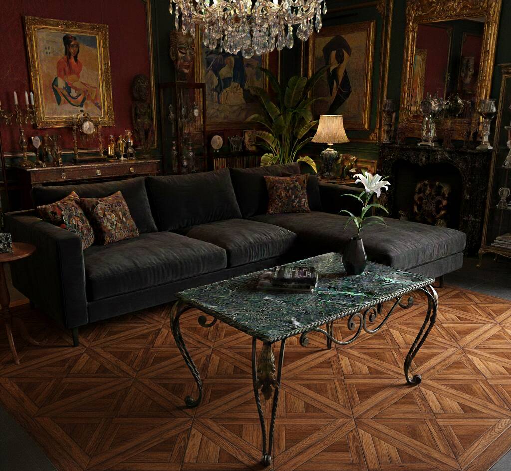 Arletty coffee table in wrought iron and sea green marble.