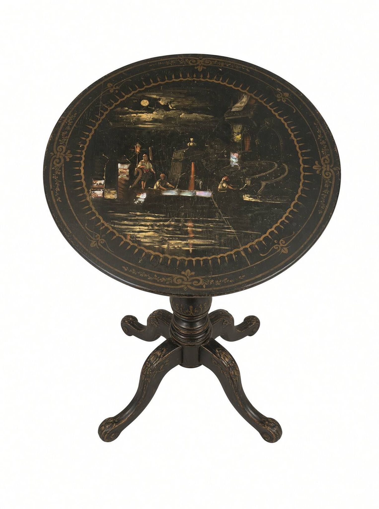 Tilting gueridon Napoleon III; Venetian scene in moonlight; D50cm