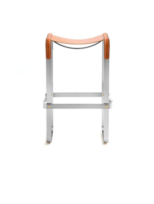 Pair of backless stools in tobacco colour with metal finishes.