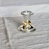Small vintage silver-plated metal candlestick with a gold bow