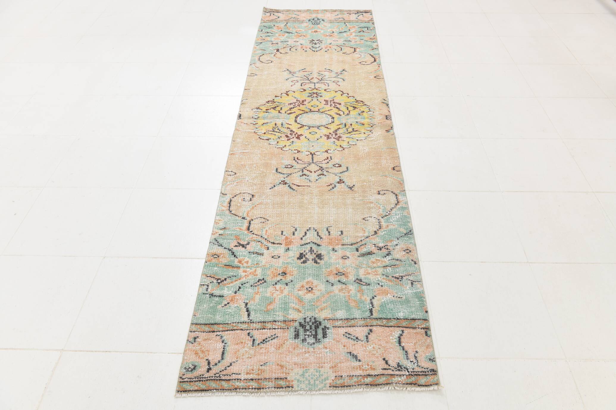 3x10 Light Green & Cream Antique Vintage Runner Rug, 80x296Cm