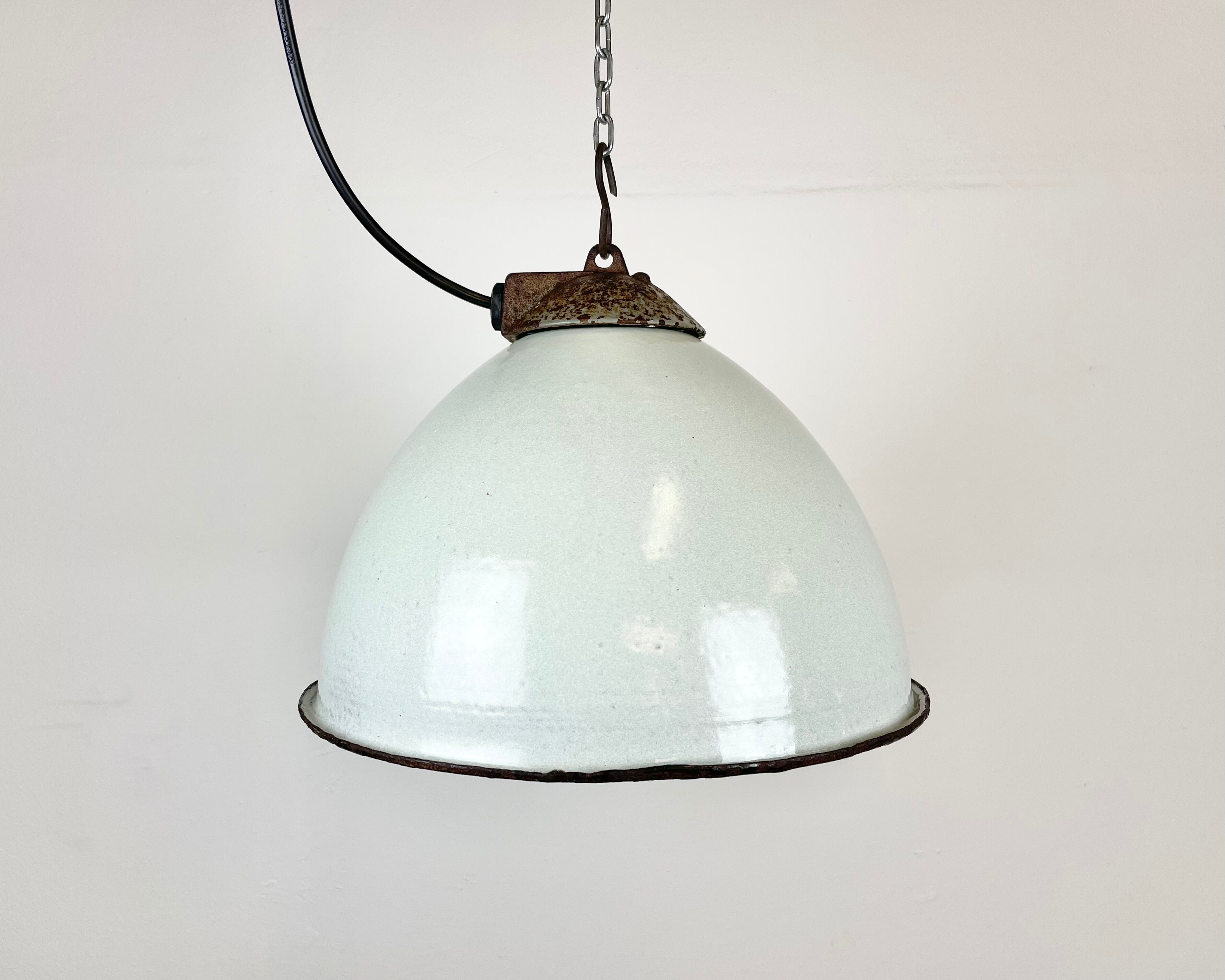 Industrial White Grey Enamel Factory Lamp with Cast Iron Top, 1960s