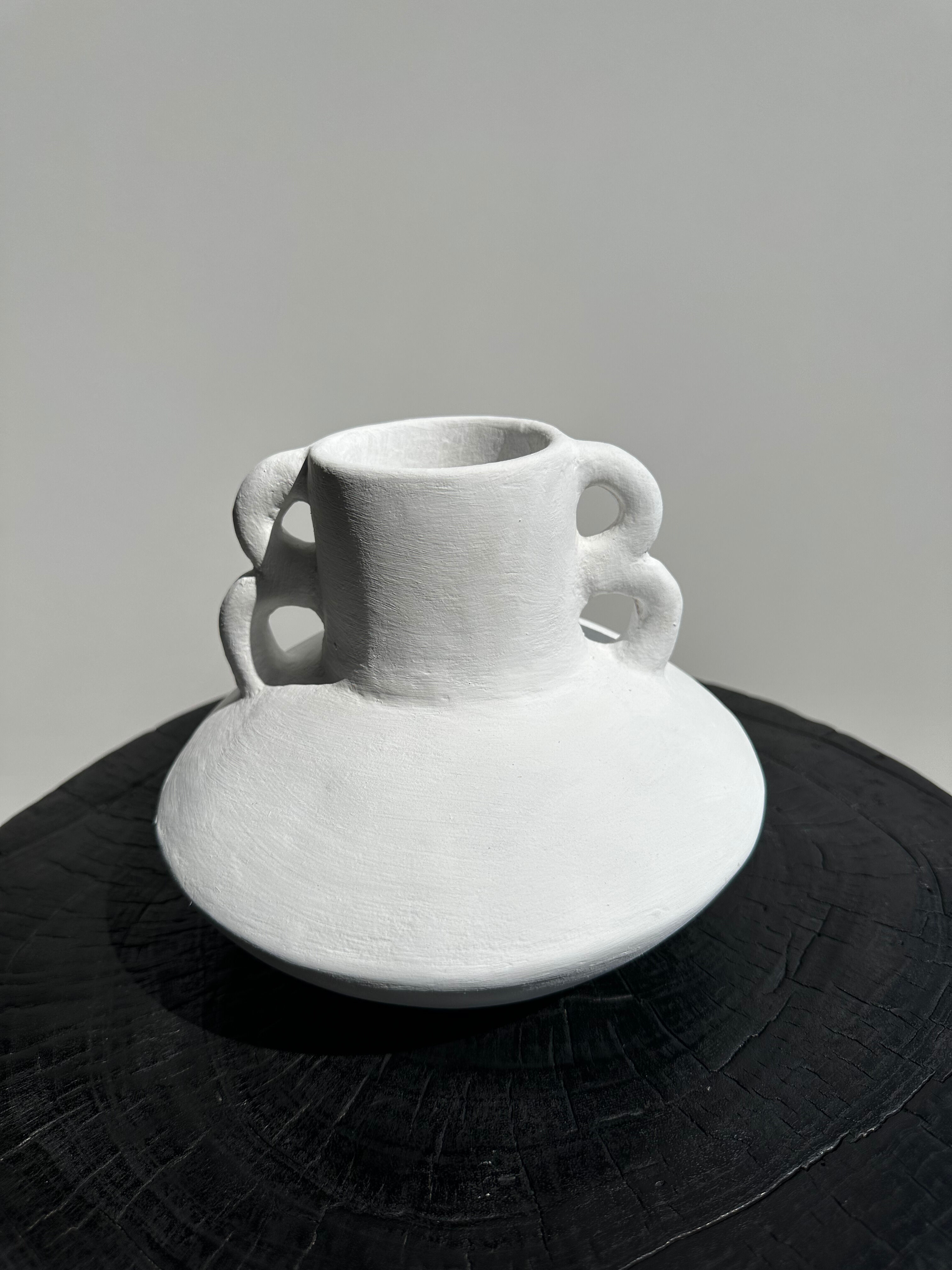 Handmade terracotta vase painted white with double handles H:16 D:20