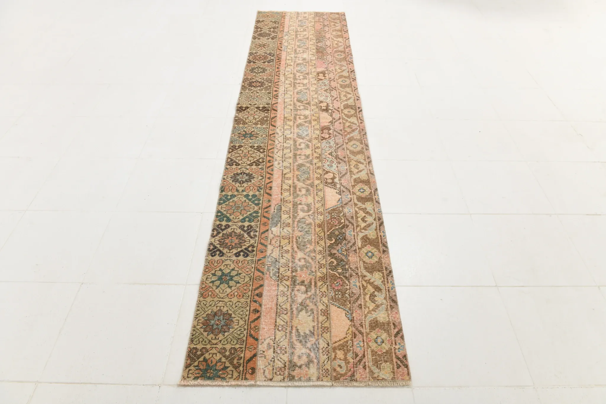Brown Cream Vintage Persian Runner Rug, Rugs For Rustic Hallway, 74x327Cm