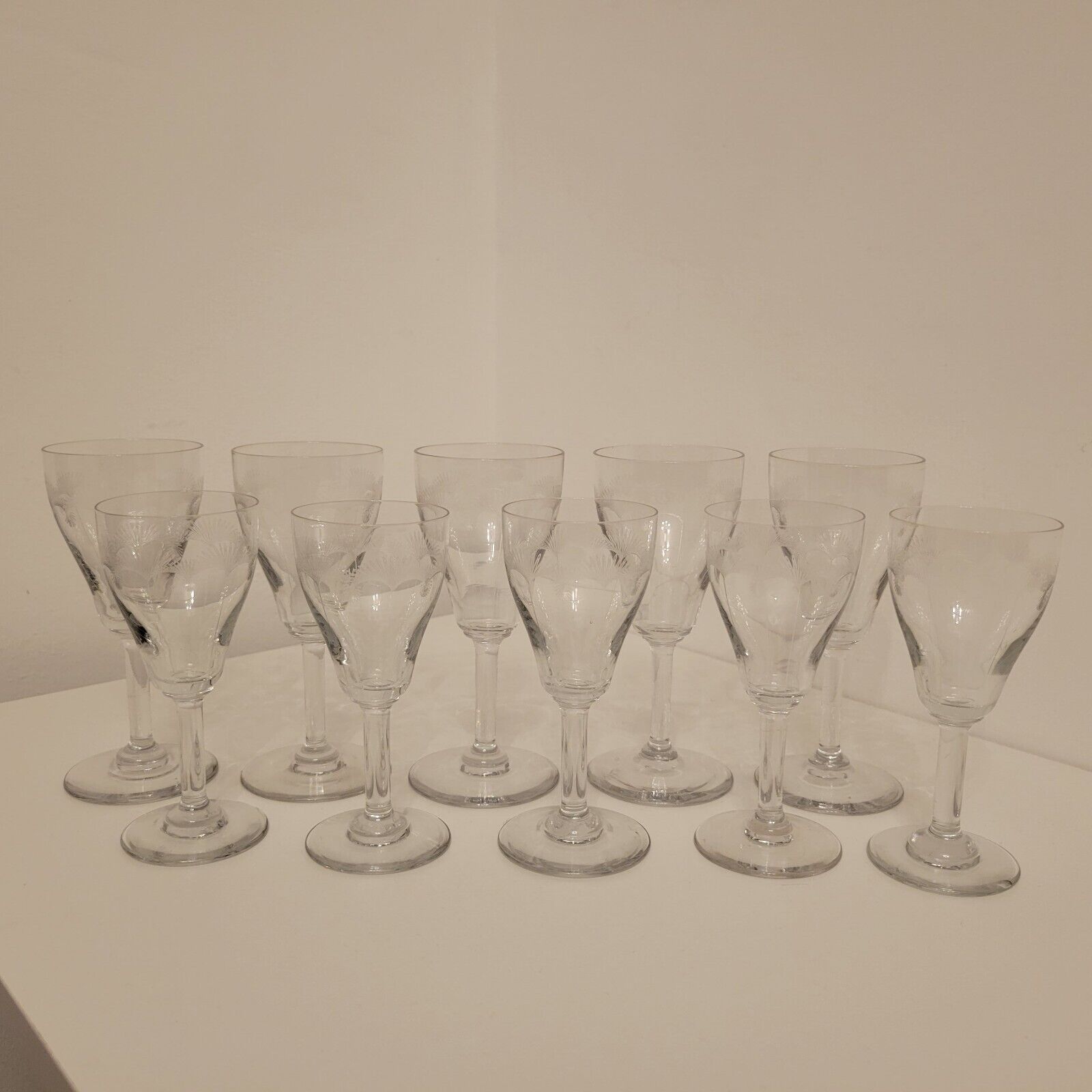 10 old cut glass glasses engraved palm decoration 1930