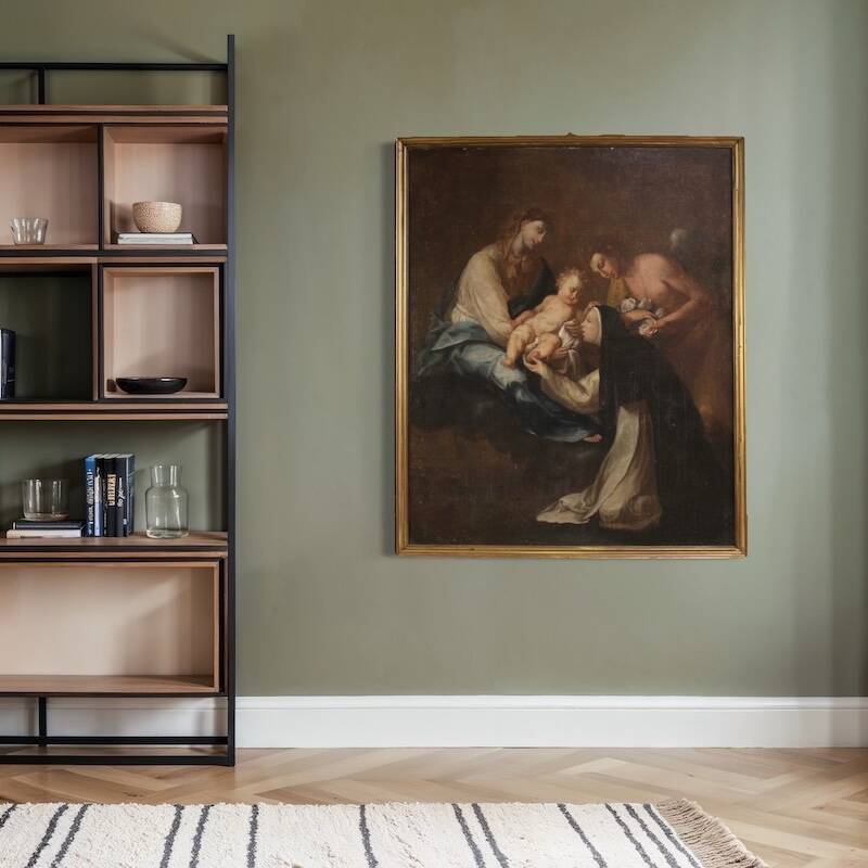 Peinture antique Adoration de Sainte Rose de Lima avec la Madone et l'Enfant