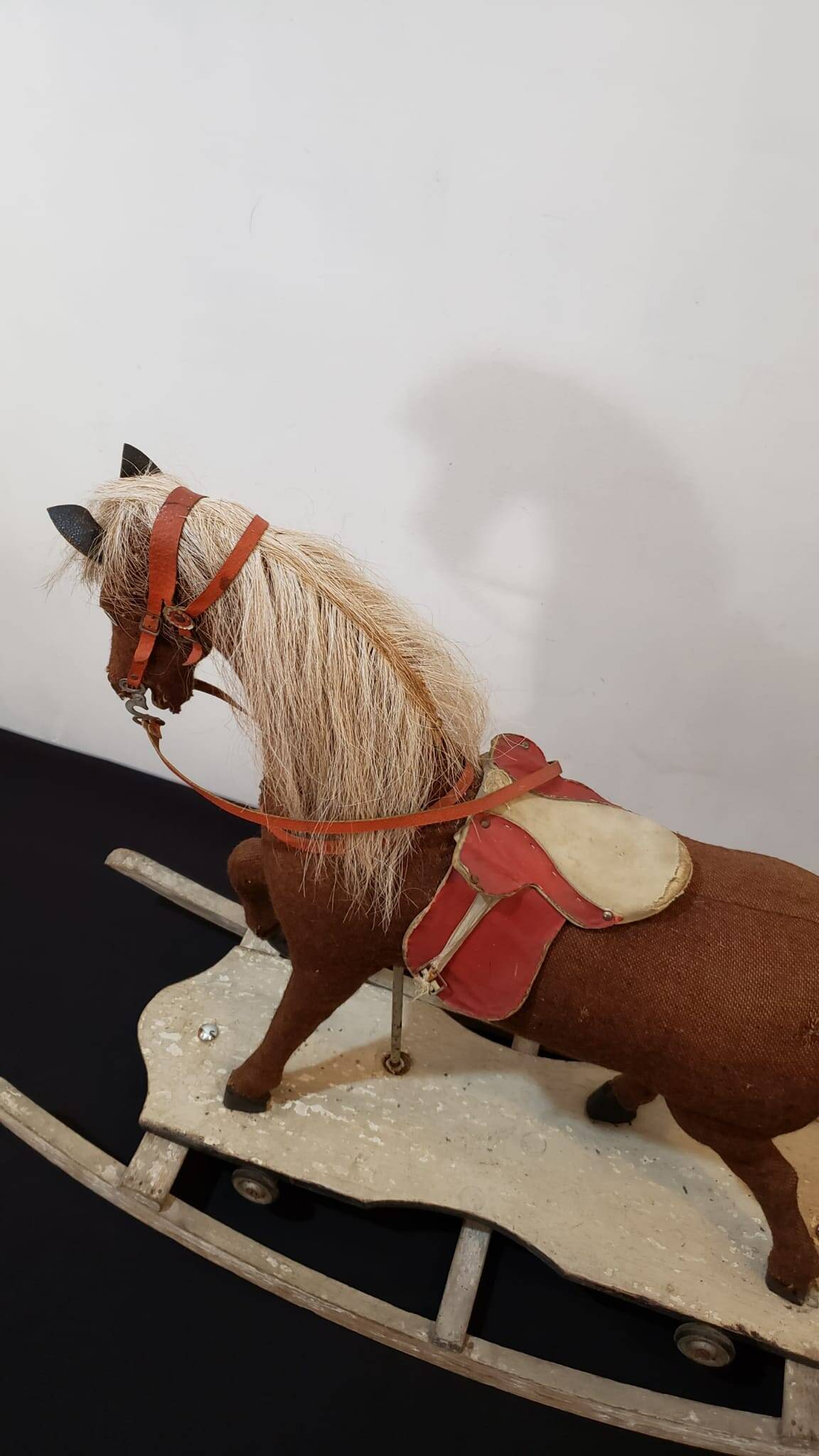 Rocking horse made of wood, fabric and natural horsehair, 1940-1950