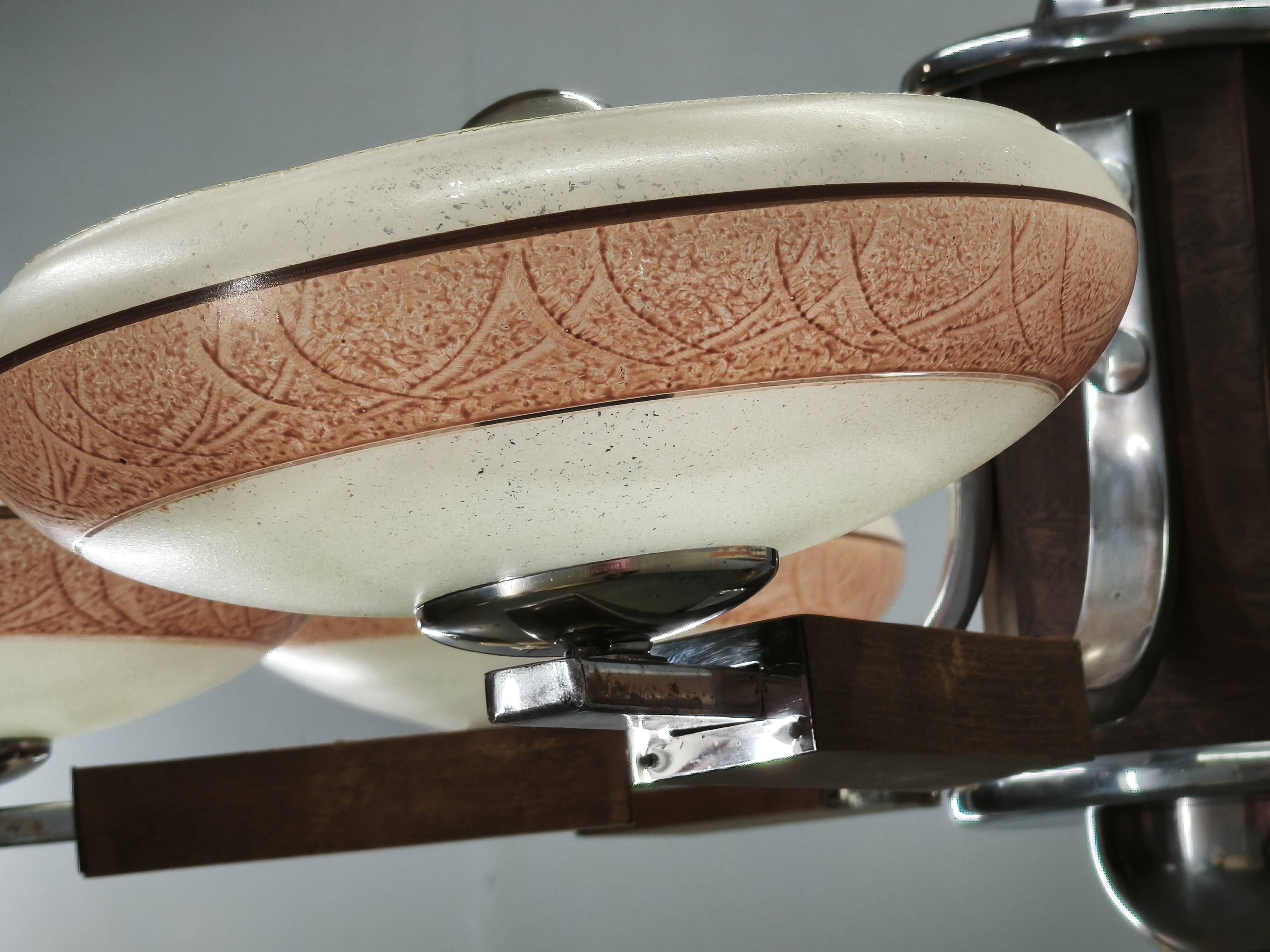Large Art Deco Chrome, Wood and Glass Six-Light Chandelier, 1930s