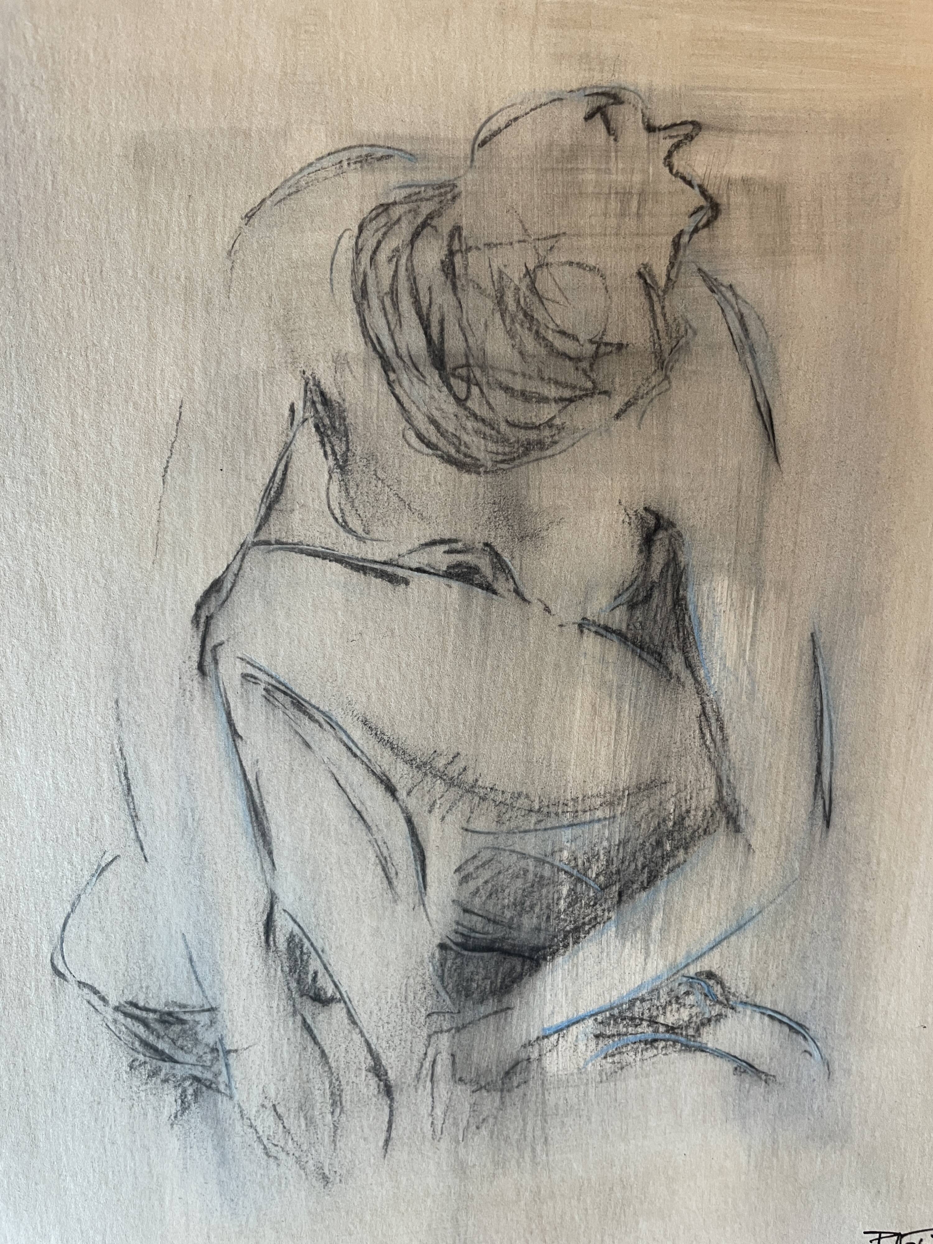 Tableau signé fusain portrait de femme accroupie