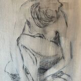 Painting signed charcoal portrait of crouching woman