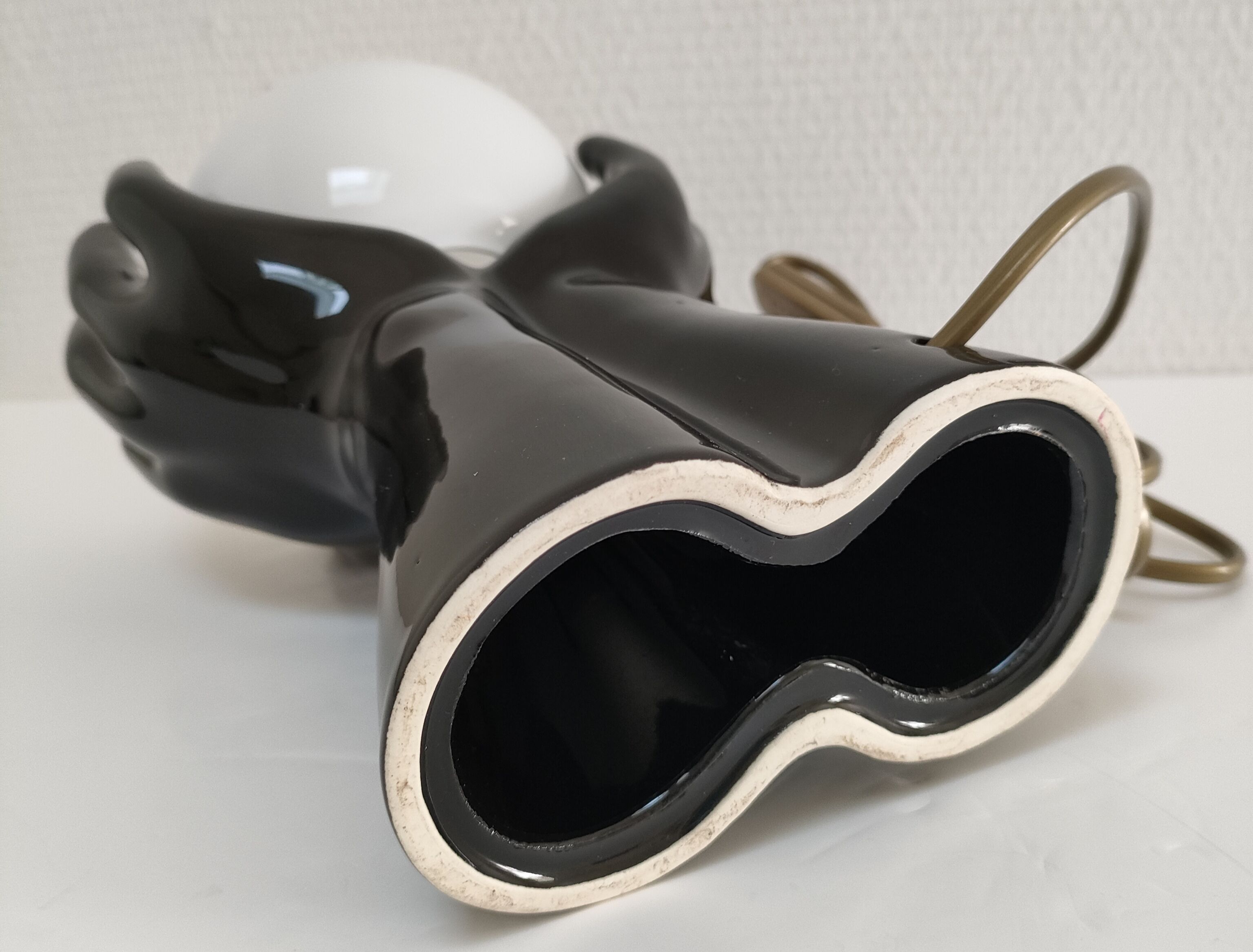 Black ceramic and opaline design hand lamp 90s
