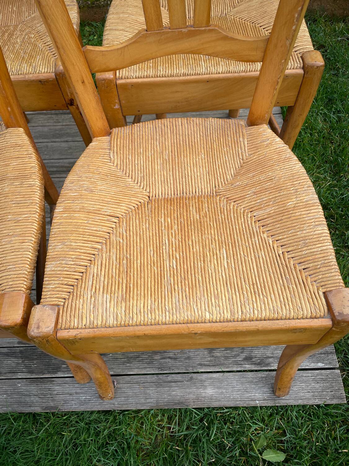 4 old blond beech straw chairs
