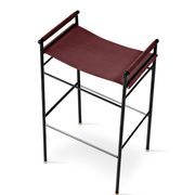Set of 5 contemporary artisan bar stools in cognac leather and black rubber metal.