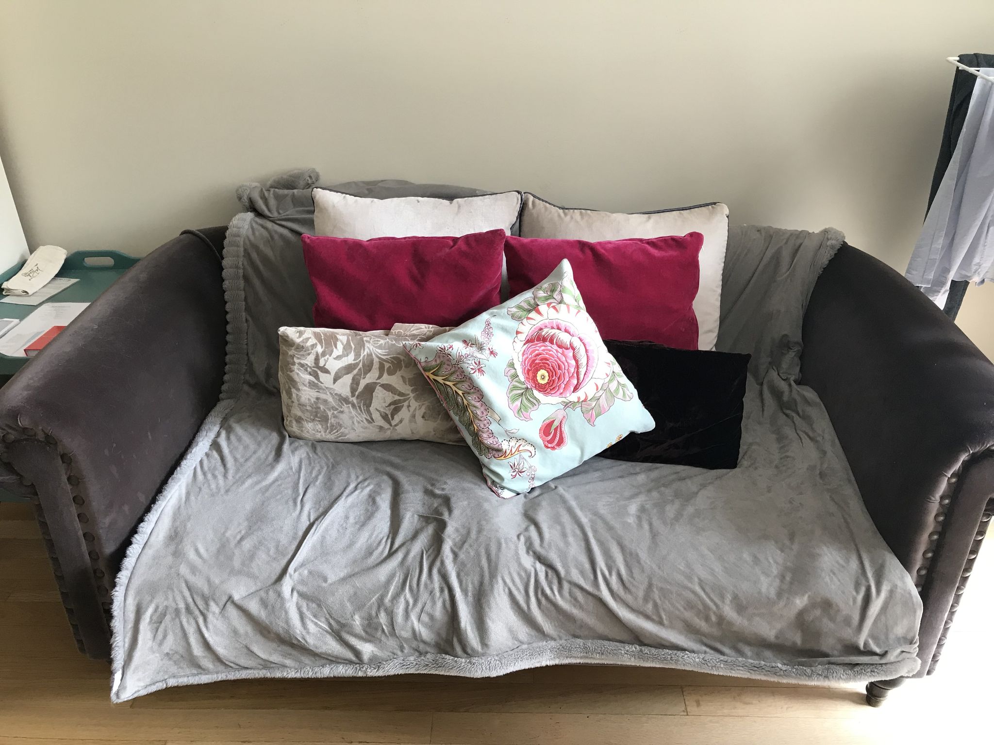 Grey velvet sofa ka international