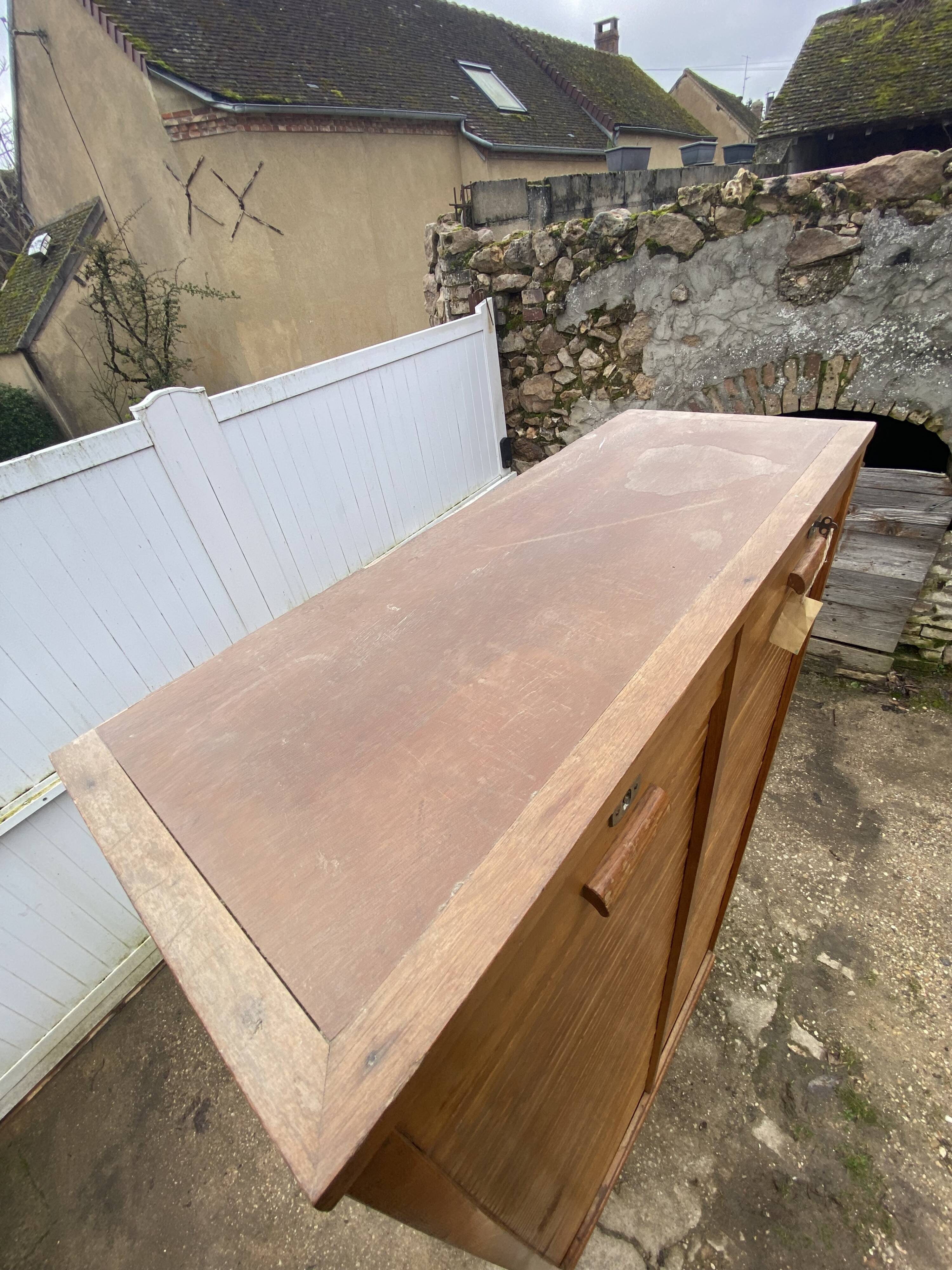 Double-column oak filing cabinet with curtains, 1950s.