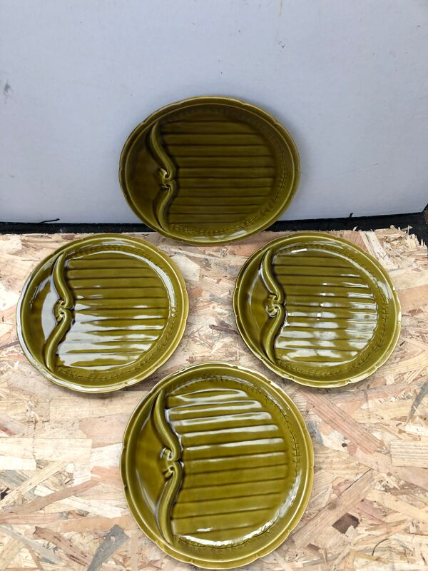 Lot plat + 4 anciennes assiettes asperges gien céramique verte vintage