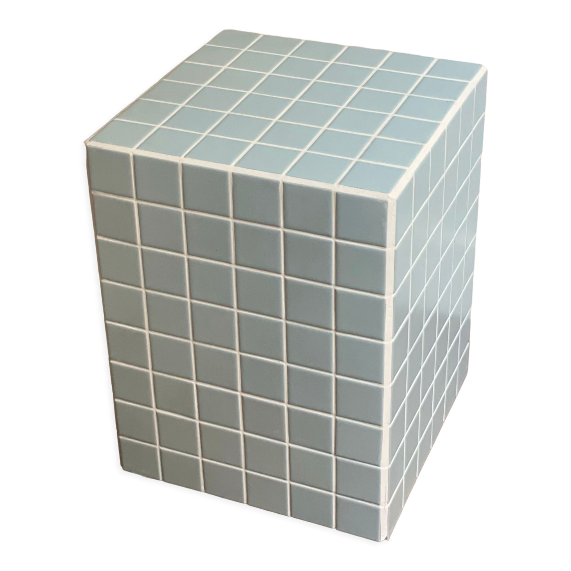 Table d’appoint cube bout de canapé carrelage mosaïque bleu ciel  joint blanc ora 30x30xh40cm