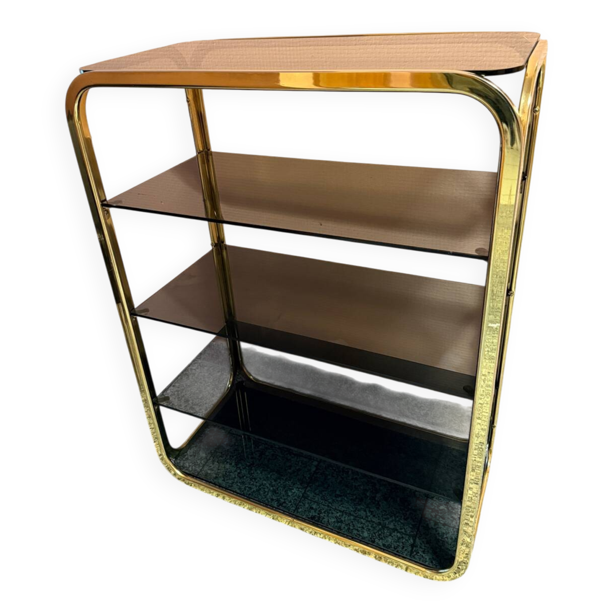 Vintage shelf in brass and smoked glass – Italian work, circa 1970.