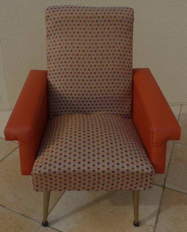 Retro vintage rockabilly armchair in orange faux leather and vintage fabrics