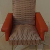 Retro vintage rockabilly armchair in orange faux leather and vintage fabrics