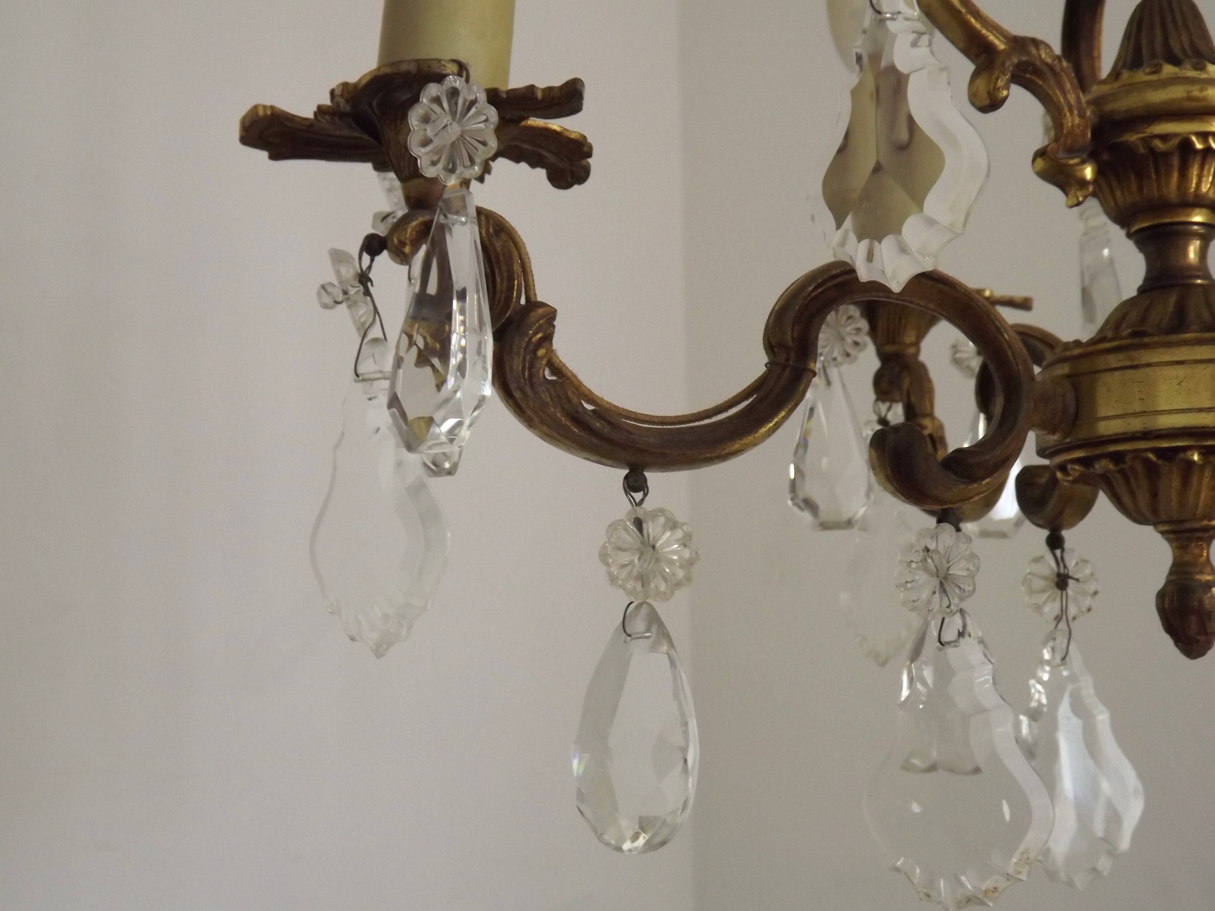 French Antique Art Nouveau 4 Light 3 Side Brass Crystal Cage Chandelier