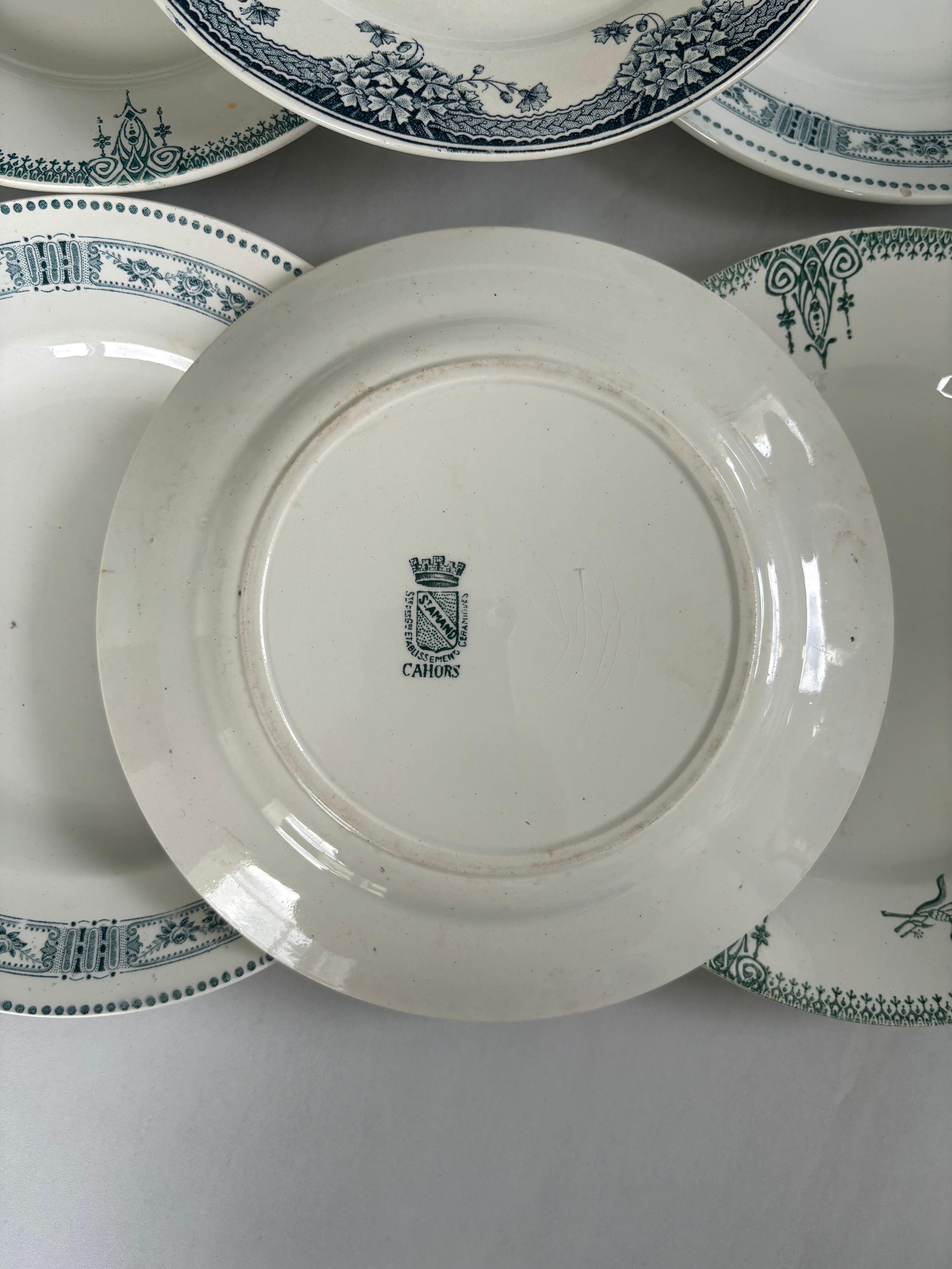Lot 6 blue and green ironstone plates, antique French earthenware.