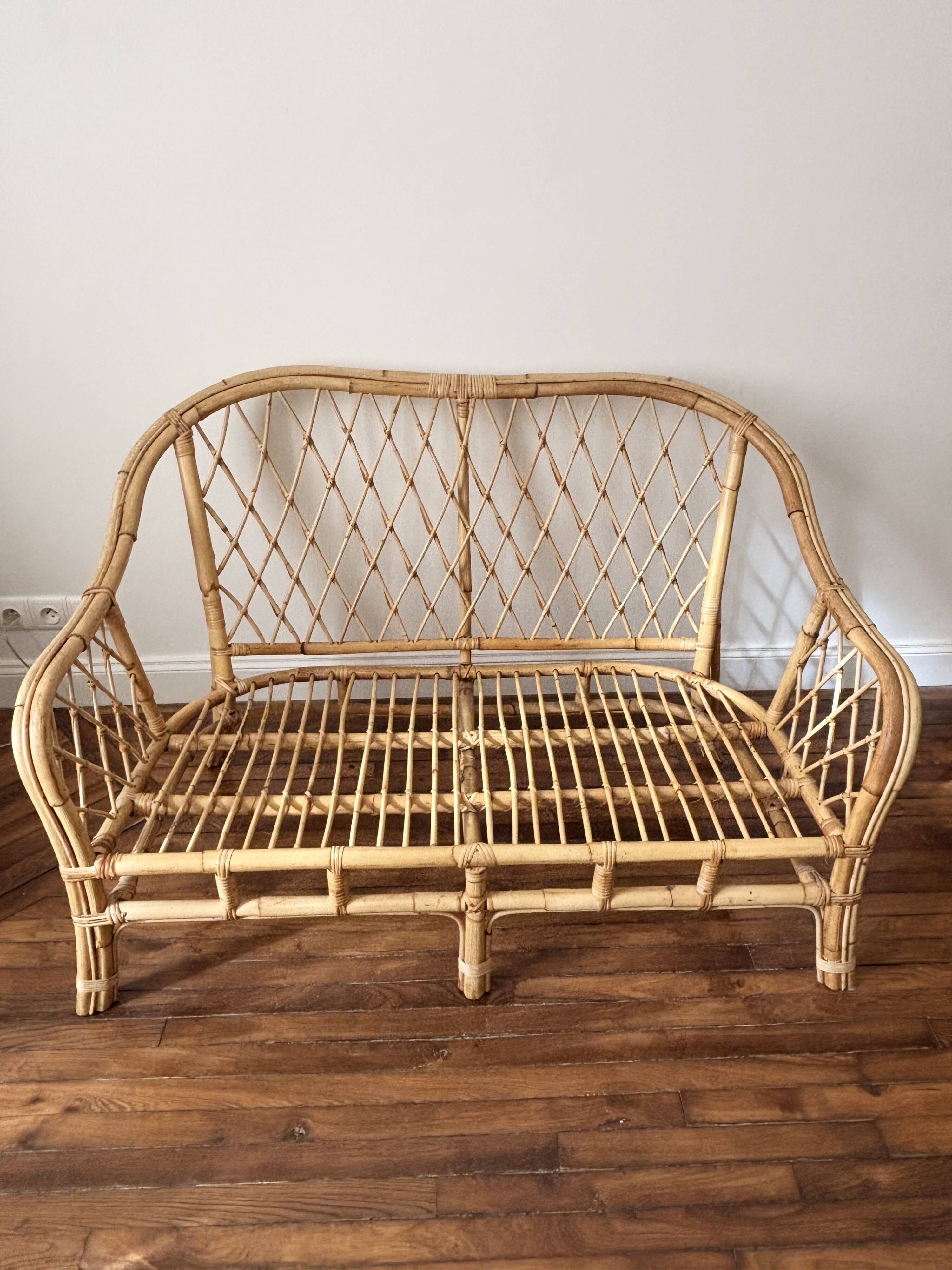 Vintage rattan two-seater sofa