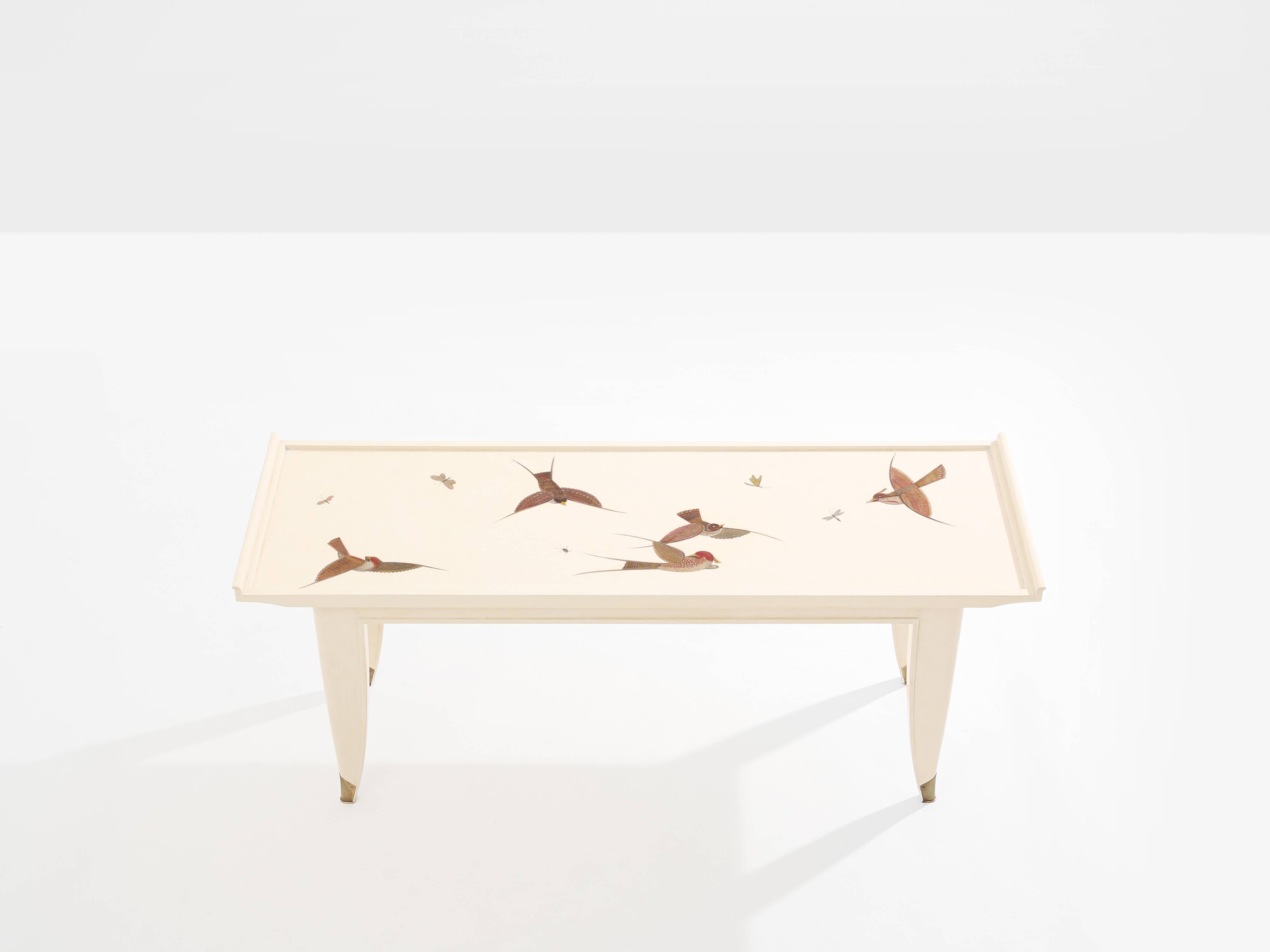 Maurice Jallot coffee table, painted oak with bird decorations, 1930.