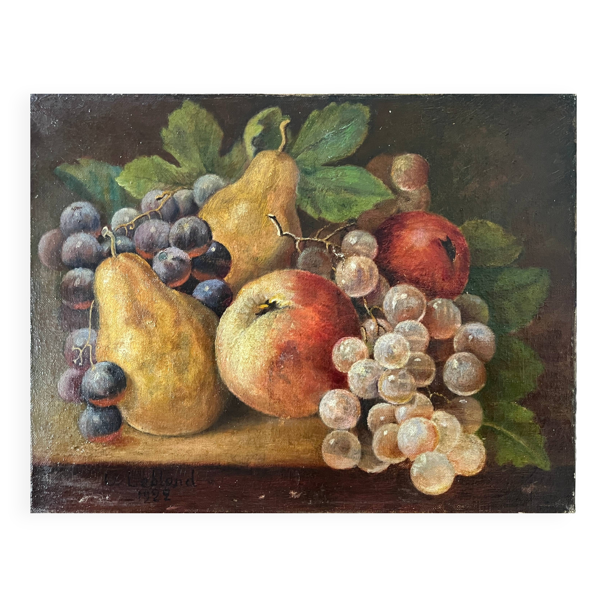 Antique oil painting on canvas "Still Life with Fruit" signed O. Leblond 1922