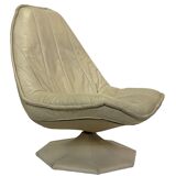 Fauteuil pivotant vintage en cuir crème avec pied octogonal Design 1970