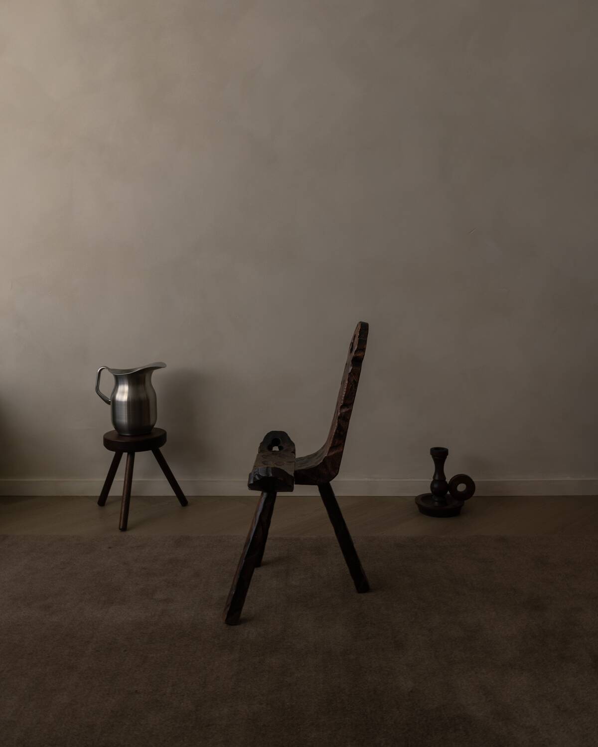 Spanish brutalist tripod chair in carved solid wood