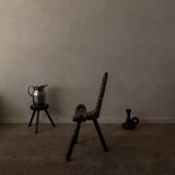 Spanish brutalist tripod chair in carved solid wood