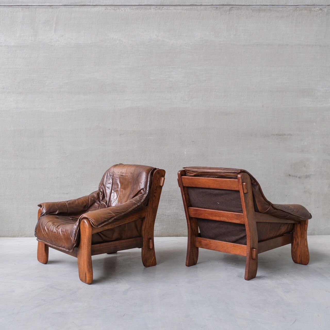 Pair of Oak Brutalist Leather Mid-Century Armchairs