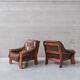 Pair of Oak Brutalist Leather Mid-Century Armchairs