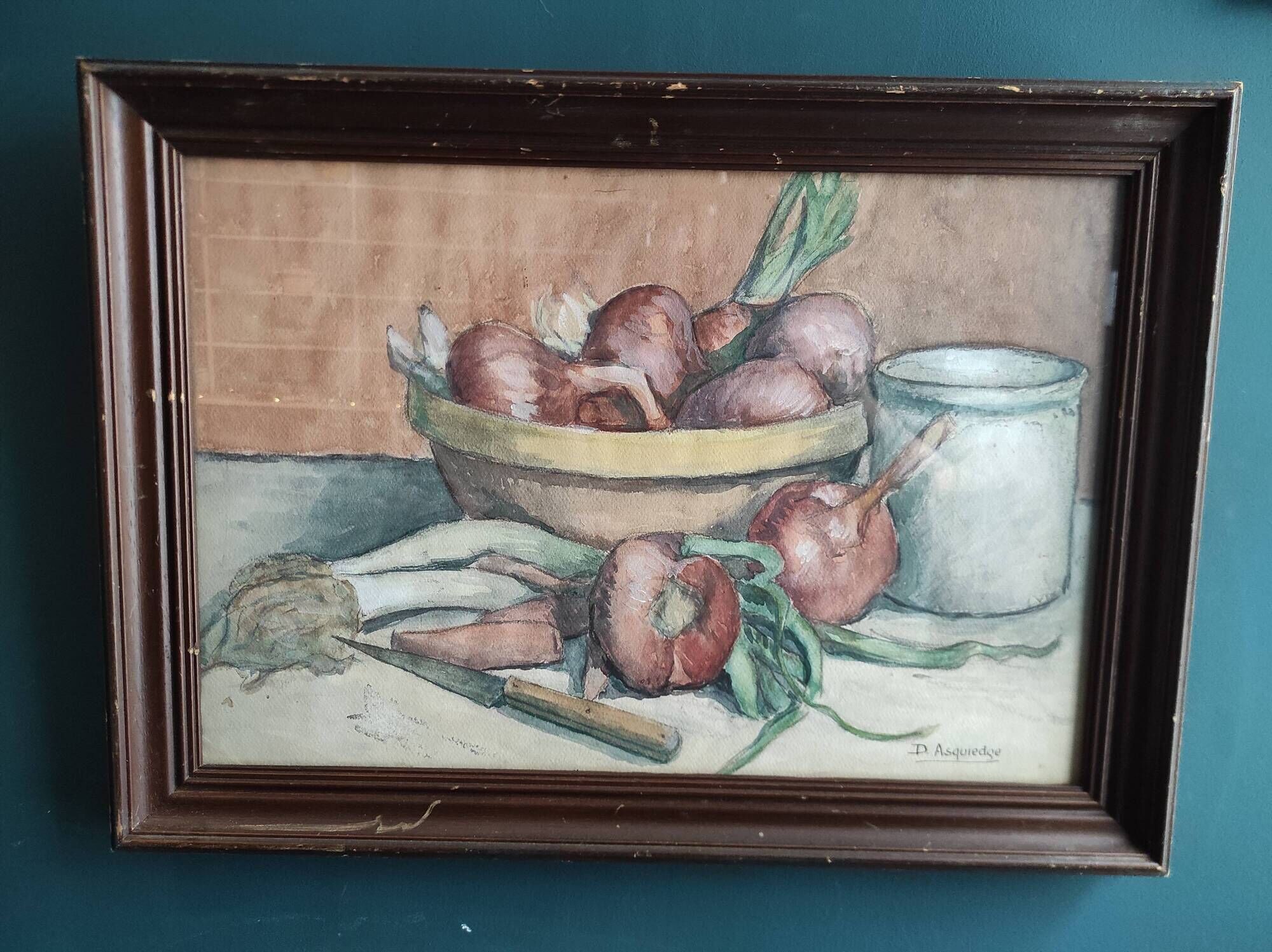 Vintage French still life in watercolour, signed Asquiedge