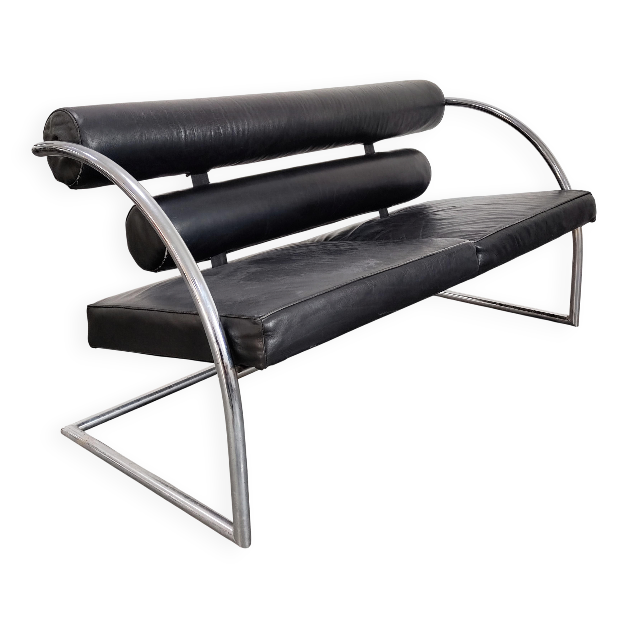 Canapé deux places cuir style Bauhaus Suisse 1970s