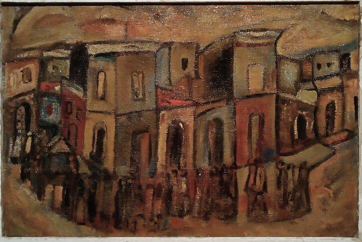 Oil on canvas "Funerals in Syracuse" by Ferruccio Ferri - Exhibition Gulf of La Spezia, 1940s