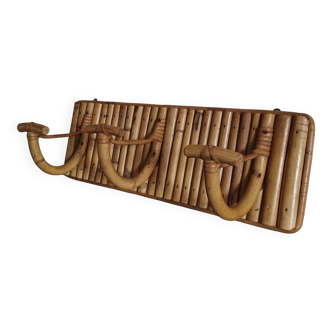 Vintage rattan and bamboo coat/hat rack in light camel with 3 hooks