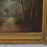 Peinture ancienne paysage sous bois signé.