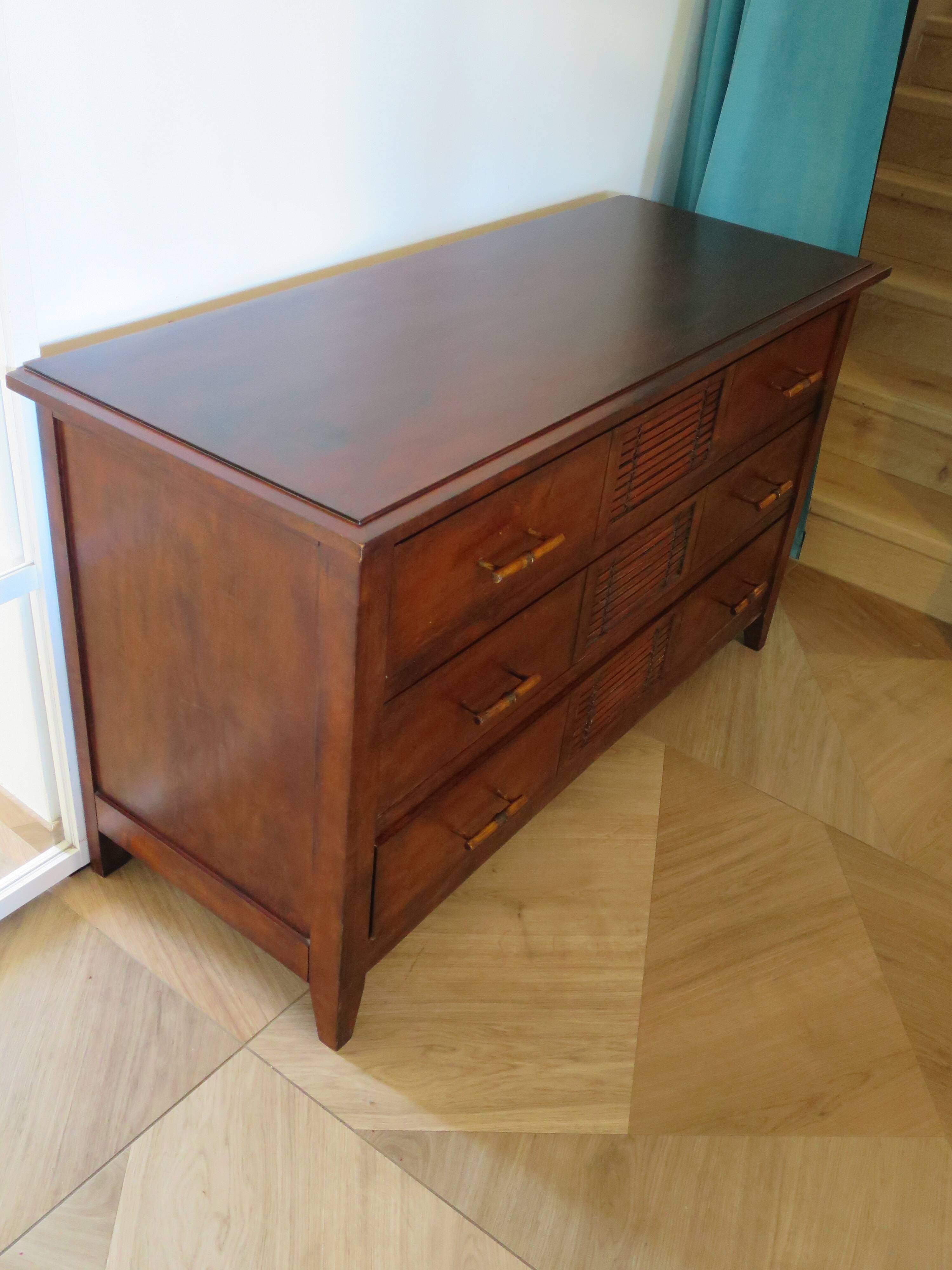 Commode longue–3 tiroirs -style colonial–Teinte acajou