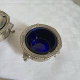 Ancien Saleron et Moutardier en Métal Argenté et Verre Bleu