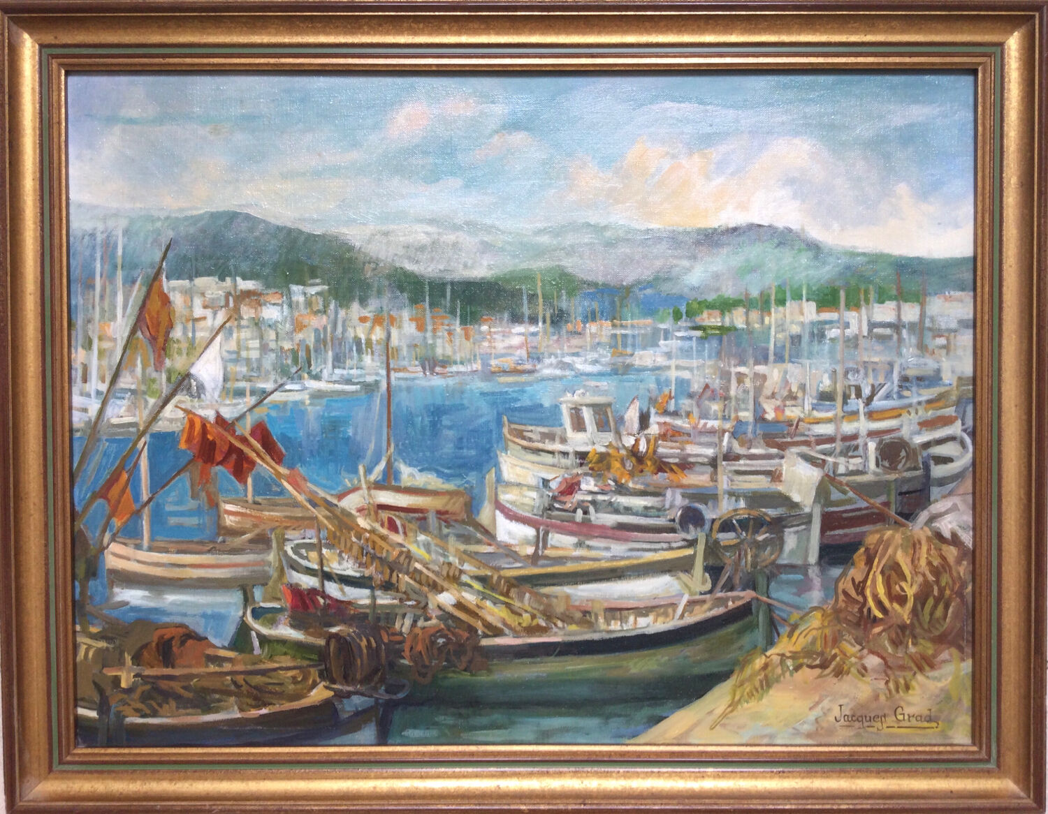 Small port. oil on canvas by jacques grad 1920-2008.