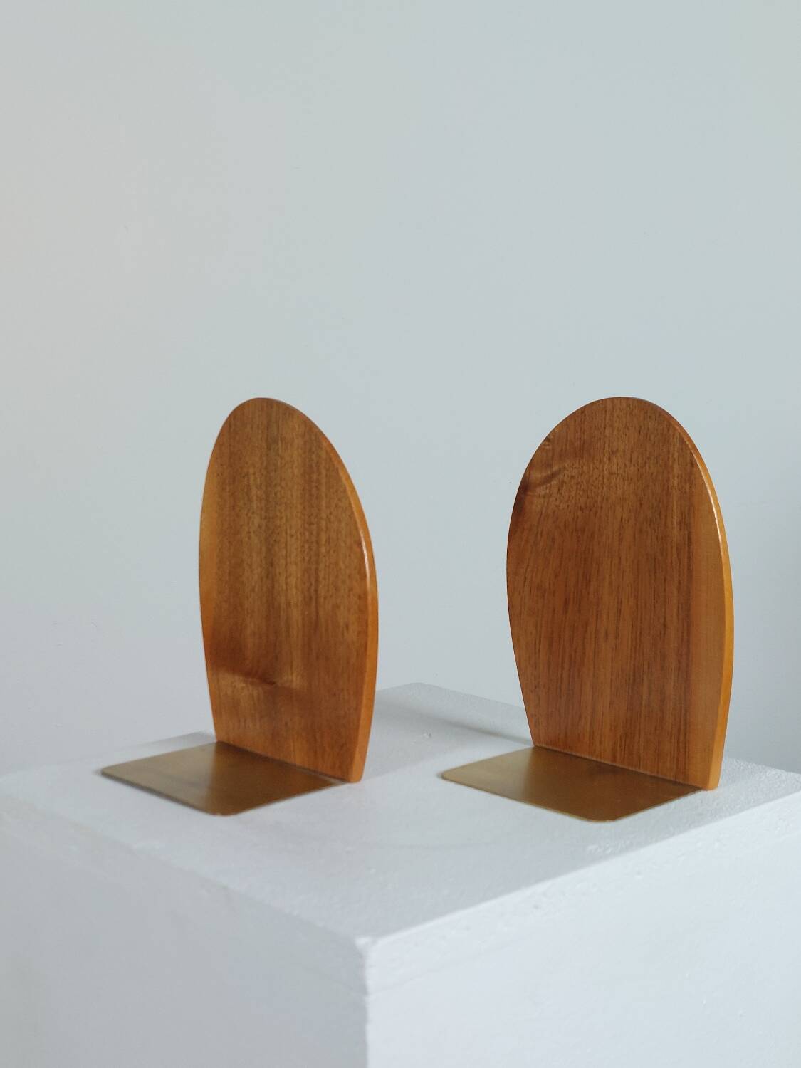 Vintage wooden and brass bookends from the 1950s, Scandinavian style.