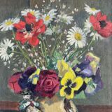 Oil on canvas still life with flowers and statuette 1920