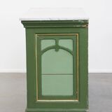 Buffet/comptoir/table d'appoint ancien unique, de couleur verte, datant de la fin du XIXe/début du XXe siècle, avec un plateau en marbre.
